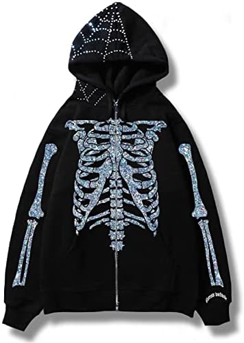 Easyoyo skelet sa duputima za muškarce, gotička jakna od jakne Dijamantna svjetluca, prevelika prevelike duksere za tamne e-djevojke