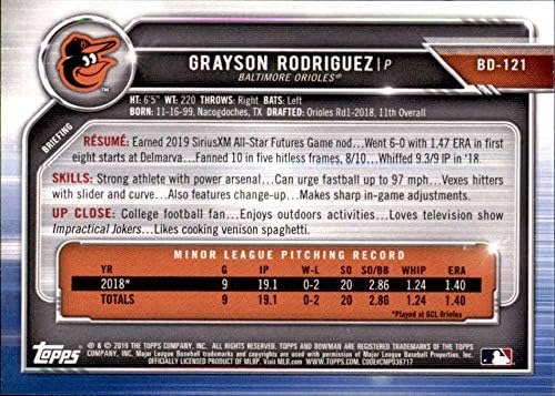 2019 Bowman nacrt bejzbol BD-121 Grayson Rodriguez Baltimore Orioles Službena MLB trgovačka kartica proizvedena