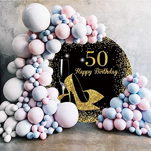 OERJU 7x7ft sretan 50. rođendan okrugla pozadina za žene Crno zlato svjetlucave visoke potpetice šampanjac