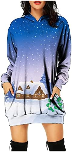Oplxuo Božić Hoodies haljina, žene Casual Dugi rukav vino staklo grafički Duks pulover tunika Mini haljina