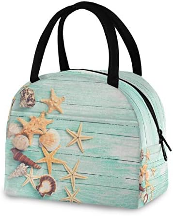 YYZZH Marine Sea Life Nautical Seashell Starfish tirkizno plava drvena izolovana torba za ručak sa patentnim