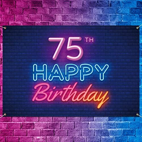Glow Neon Happy 75th Birthday Backdrop Banner Decor Black-Colorful Glowing 75 Years old Birthday Party theme