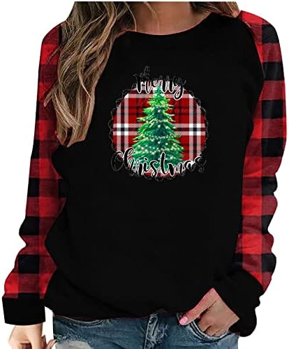 Srećna božićna majica za žene Buffalo Plaid Raglan dugih rukava na vrhu prevelizirane prevelike kofere Xmas Ispiši casual pulover