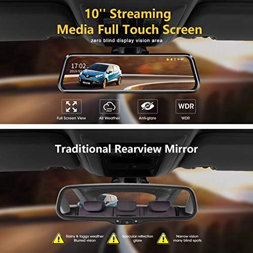 10 '' Ogledalo Dash Cam Noć 1080p FHD Full Touch Ecreact Free i stražnji prikaz Rezervna kamera za automobile