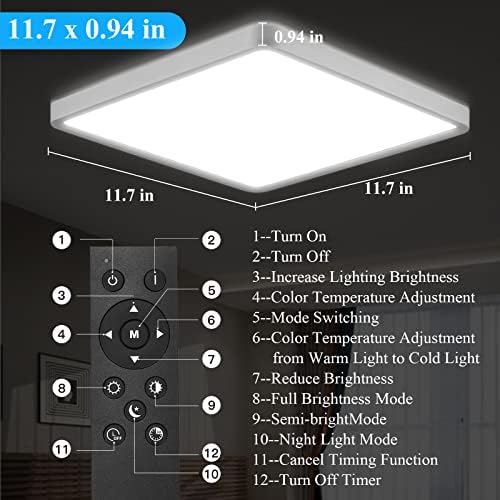 IBESTWIN Zatamnjena LED Flush Mount plafonska lampa 36W 11,7 inča kvadratna ravna Rasvjetna tijela sa daljinskim upravljačem za spavaću sobu, kuhinju, dnevni boravak i trpezariju 3000k-6500K promjenjiva boja