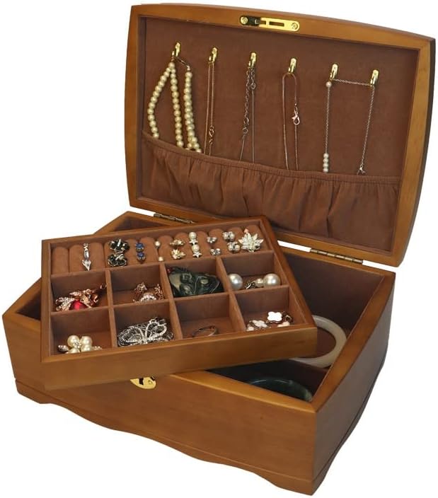 QUUL Vintage Drvena kutija za organizatore nakita sa bravom za odlaganje ogrlica naušnice prstenovi narukvica