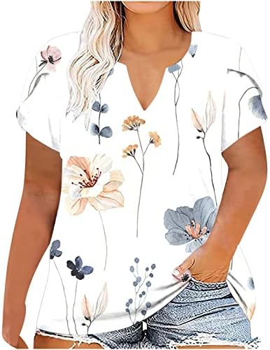 Plus veličine za žene za ženske majice kratkih rukava s kratkim rukavima Ljetne casual V-izrez cvjetne tiskane tunike