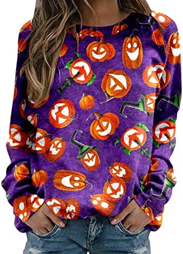 Beuu Halloween majice za žene okrugli vrat dugih rukava bundeve i mačka ispis pulover duksere, ležerne tuničke