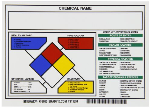 Brady 53080 vinil osetljiv na pritisak piše na etiketama zaštitne opreme NFPA , crne, crvene, plave, žute na Beloj, 5 Visina x 7 širina
