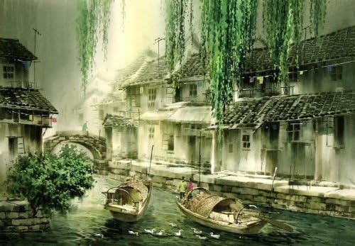 Artisoo selo, akvarel - kinesko slikarstvo - ručno oslikano