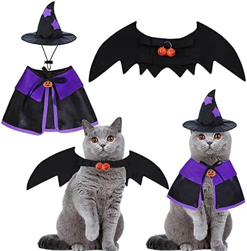 3 pakovanje mačka Noć vještica, Goyoswa Halloween Cat Bat Wings Cat Witch Cloak Cape Wizard Hat Halloween