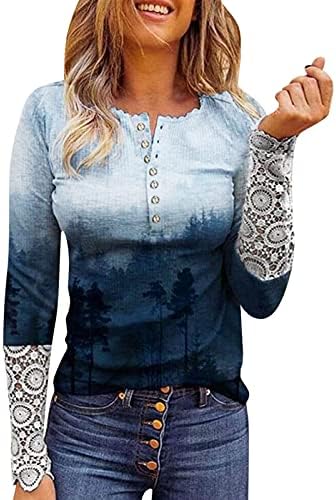 Henley majica ženska čipka modna košulja dugih rukava O-izrez Tunika tunika prednjim gumbom ženske visoke