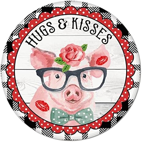Valentinen Farm Animal Piggy zagrljaji i poljupci Vintage Okrugli metalni znak plaque krug Metalni umjetnički
