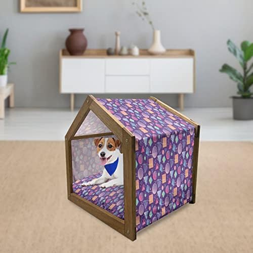 Lunarljiva geometrijska drvena kuća za kućne ljubimce, razni oblici i boje na ljubičastim pozadinskim krugovima trokutasti kvadrat, vanjski i zatvoreni prijenosni pas odgajivač sa jastukom i poklopcem, velikim, višebojnim