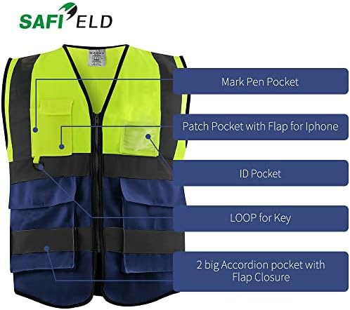 SAFIELD Safety Reflective Work Vest 6 paket za muškarce i žene sa 8 džepovima i zatvaračem visoka vidljivost