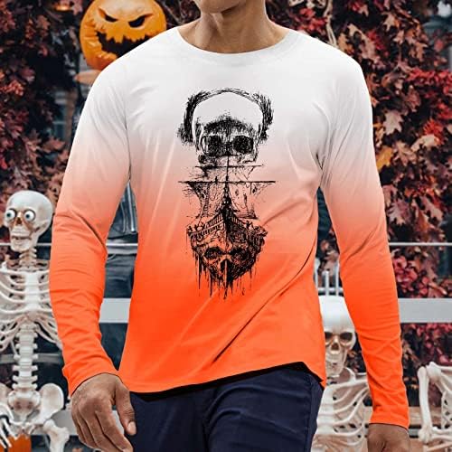 XXBR Halloween majice za muške dugih rukava Svi Saints Day Skull Print Gradient T Majica Slim Fit Party