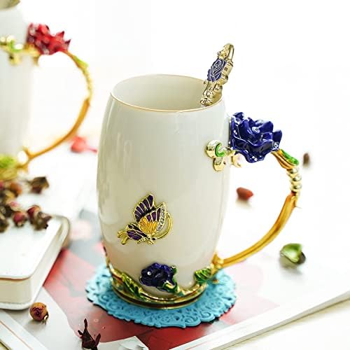 Fancy šolja za čaj sa leptirom cvijeta ruže, šolje za kafu za žene keramike sa kašikom, ručno rađeni i unikatni